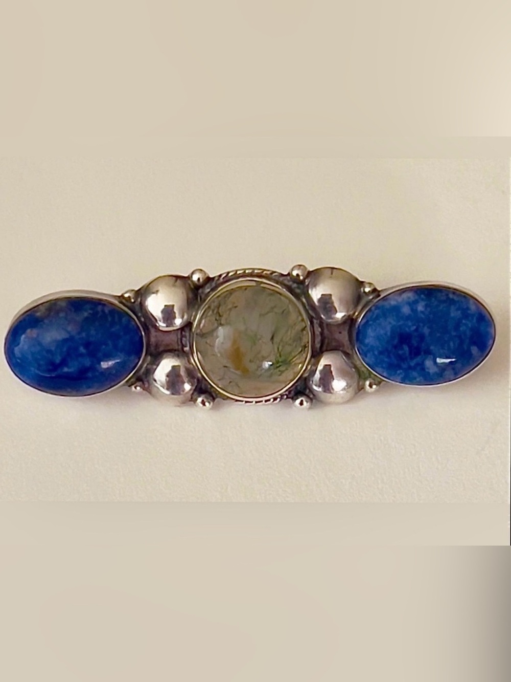 Vintage 925 Sterling Silver Lapis Lazuli Moss Agate Artisan 3” Brooch Pin 9.21g